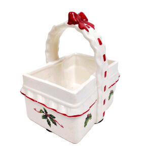 VTG Lefton Ceramic Holly Berry Christmas Basket Candy Dish Red Bow Hand Painted
